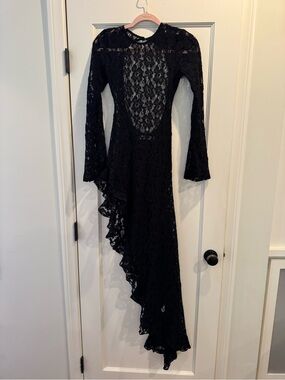 Black Lace Long-Sleeve Ruffle Hem Dress